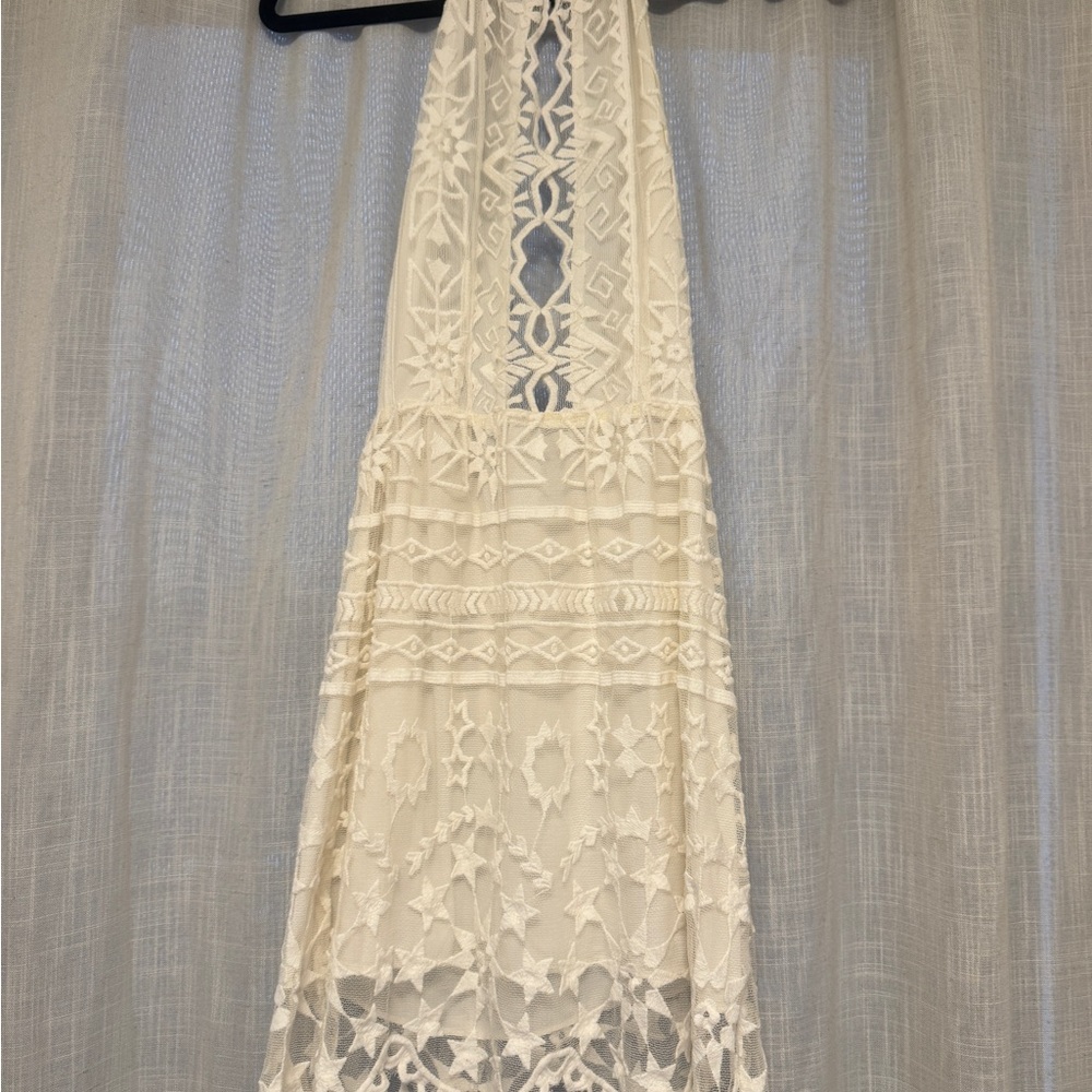 Jen’s pirate booty Cream White Lace Halter Mini Dress with Stars and Crochet